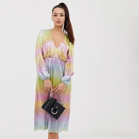 ASOS Glitter Ombré Rainbow Midi Dress Long Sleeves - Picture 10 of 10